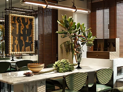 Elegant Modern Restaurant Interior With Marble Dining Table Green Plants And Wooden Blinds 3d model