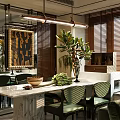Elegant Modern Restaurant Interior With Marble Dining Table Green Plants And Wooden Blinds