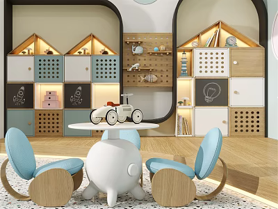 Warm Kids Room Interior With Wooden Children's Table Blue Rocking Chairs And Chalkboard Storage Shelves 3d model