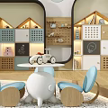 Warm Kids Room Interior With Wooden Children's Table Blue Rocking Chairs And Chalkboard Storage Shelves