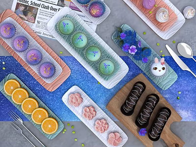 Vibrant Cupcakes and Orange Slices on Decorative Platters with Flowers and Rabbit Figurine 3d model