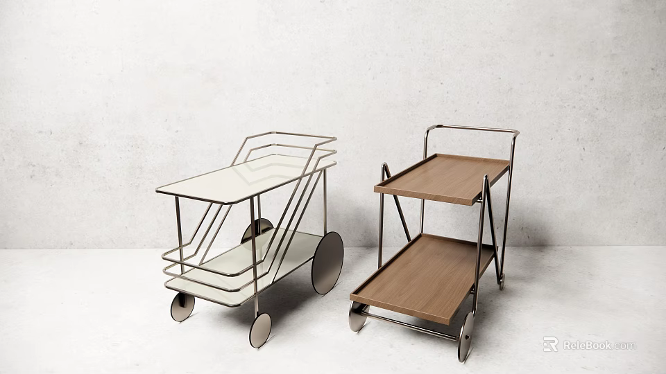 Mobile Commercial Equipment Multi Tier Serving Carts With Glass And Wood Tops Metal Frame 3d model 
