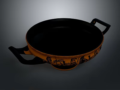 Ceramic Bowl With Two Handles And Black Carved Patterns On Orange Exterior 3d model