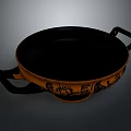 Ceramic Bowl With Two Handles And Black Carved Patterns On Orange Exterior