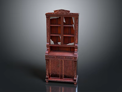 Dark Red Wooden Display Cabinet Featuring Carved Details Multiple Shelves And Elegant Traditional Design 3d model