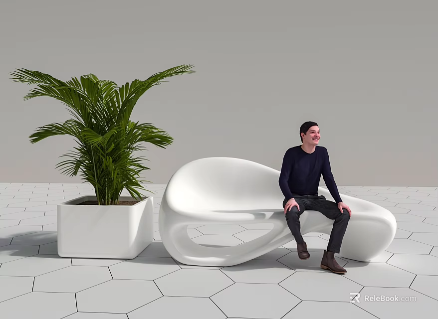 Modern White Sculptural Public Chair With Large Green Plant And Hexagonal Tiled Floor 3d model 