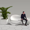 Modern White Sculptural Public Chair With Large Green Plant And Hexagonal Tiled Floor
