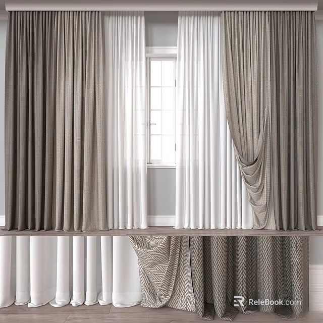 Elegant Gray and White Curtains with Soft Drapery and Pleated Window Design 3d model 