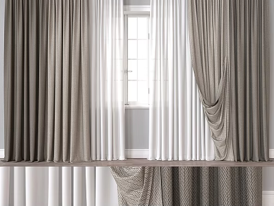 Elegant Gray and White Curtains with Soft Drapery and Pleated Window Design 3d model