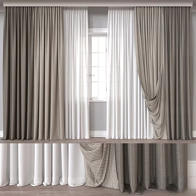 Elegant Gray and White Curtains with Soft Drapery and Pleated Window Design 3d model