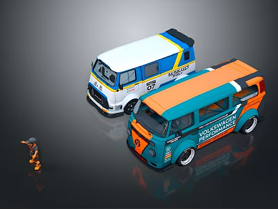 Colorful Volkswagen Buses With White Blue Yellow Stripes And Blue Orange Gradient Design 3d model