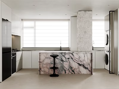 Modern Kitchen Interior With Marble Island Counter White Black Cabinets Large Windows And Black Stool 3d model