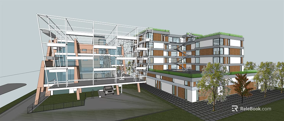 Modern Sales Office Building Featuring Glass Curtain Walls Open Design Green Roof And Landscaped Surroundings 3d model 