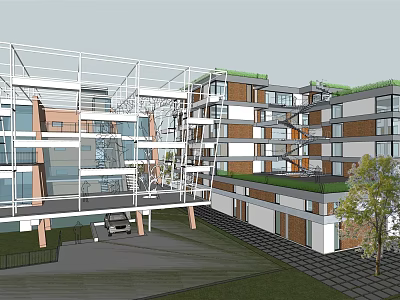Modern Sales Office Building Featuring Glass Curtain Walls Open Design Green Roof And Landscaped Surroundings 3d model