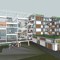 Modern Sales Office Building Featuring Glass Curtain Walls Open Design Green Roof And Landscaped Surroundings