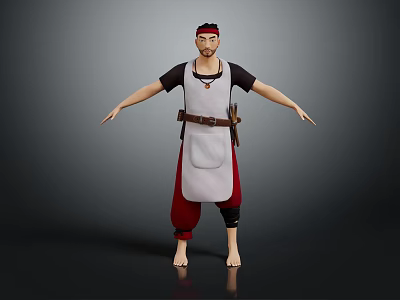 3D Model Male Character With Red Headband Gray Apron Brown Belt Standing Barefoot 3d model