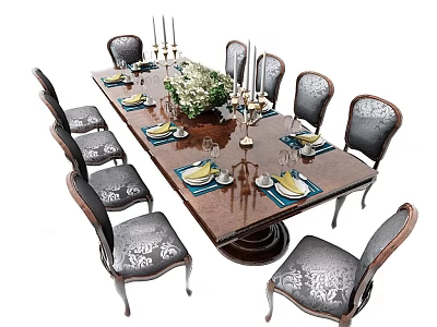 Elegant Dining Table Set With Carved Chairs Wooden Top Tableware And Candle Decorations 3d model
