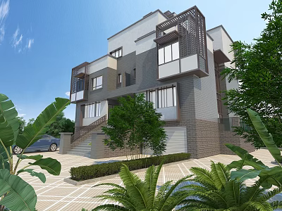 Modern Duplex Villa Exterior Design With Balconies Large Windows Greenery And Driveway 3d model