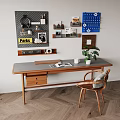 Middle Ancient Solid Wood Bookshelf Combination Desk and Chair 3d model