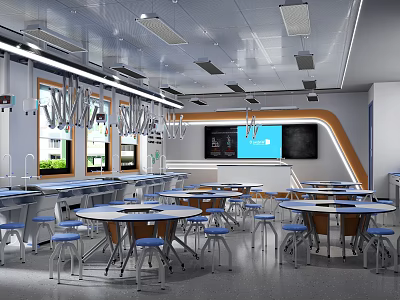 Modern Laboratory Interior With Round Tables Blue Stools And Screens 3d model
