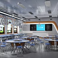 Modern Laboratory Interior With Round Tables Blue Stools And Screens 3d model
