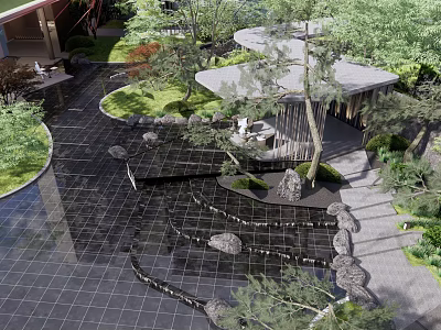 Modern Residential Landscape Design With Stone Path Water Feature And Greenery 3d model