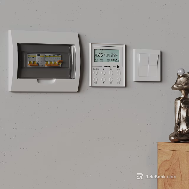 White Wall Mounted Switch Panel With Distribution Box And Digital Thermostat 3d model 