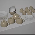 Cream Colored Ceramic Tea Cups With Stacked Saucers On White Surface 3d model