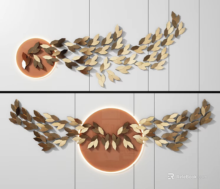 Elegant Wall Decor With Golden Brown Leaves And Circular Ornament Design 3d model 