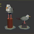 Low Poly Style Seagull Figurines Standing On Red Pillar And Gray Stone With Pink Bases