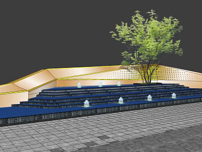 Modern Geometric Feature Wall With Stone Steps Blue Fountains And Green Tree 3d model