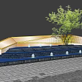 Modern Geometric Feature Wall With Stone Steps Blue Fountains And Green Tree