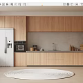 Modern Kitchen Interior With Wooden Cabinets White Refrigerator Gray Backsplash And Round Rug