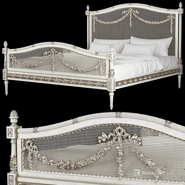 Classic White Bed Frame With Carved Details And Wicker Headboard Design 3d model 
