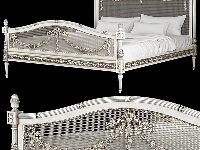 Classic White Bed Frame With Carved Details And Wicker Headboard Design 3d model