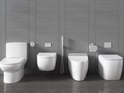 Modern Bathroom Design Featuring Four White Toilets Against Gray Wall And Dark Floor 3d model