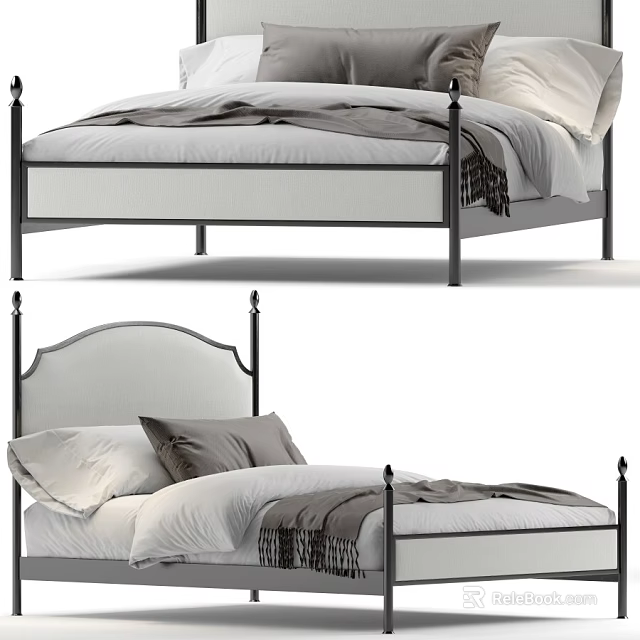 Elegant Double Bed With Metal Frame Upholstered Headboard And Gray Bedding 3d model 