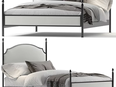 Elegant Double Bed With Metal Frame Upholstered Headboard And Gray Bedding 3d model