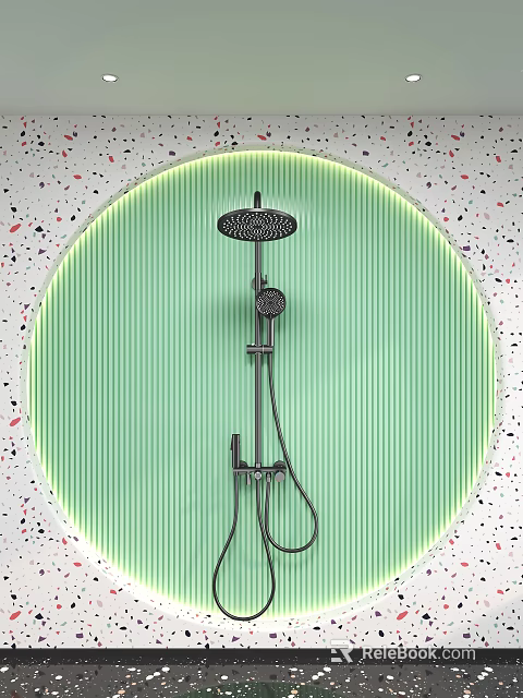 Black Shower System With Rainfall Handheld Sprayer And Circular Green Illuminated Backdrop 3d model