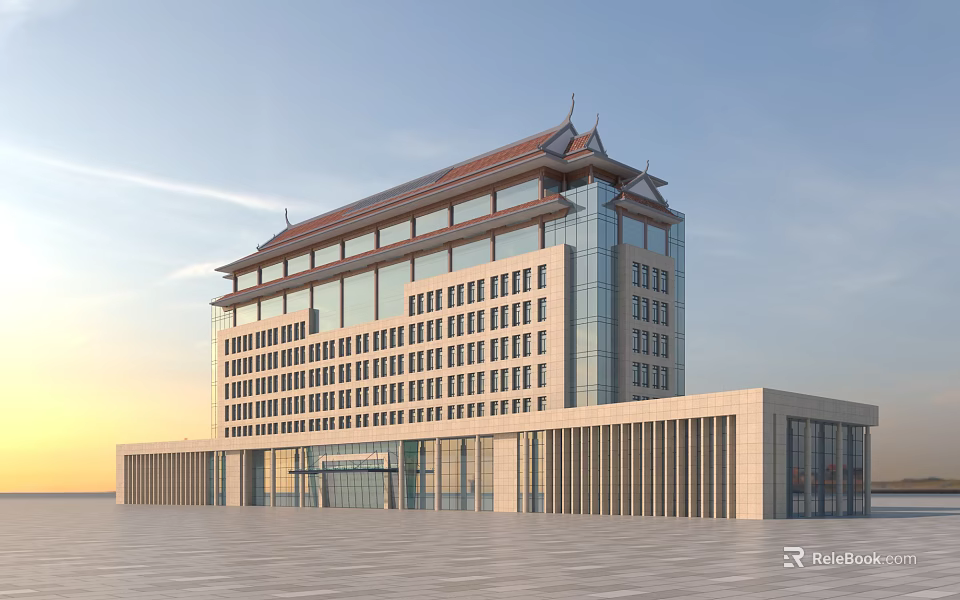 Traditional Roof Modern Glass Curtain Wall Multi Story Building Exterior With Spacious Square And Columns 3d model 