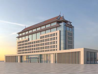 Traditional Roof Modern Glass Curtain Wall Multi Story Building Exterior With Spacious Square And Columns 3d model