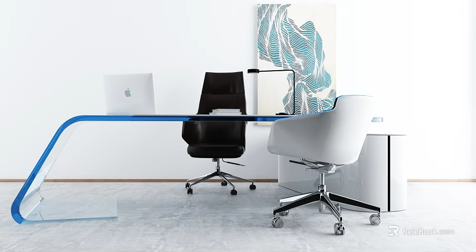 Black and White Modern Office Chair with Glass Desk Laptop Table Lamp and Wall Art 3d model 