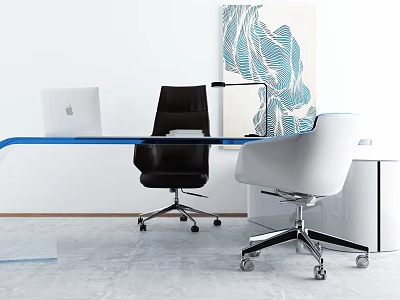 Black and White Modern Office Chair with Glass Desk Laptop Table Lamp and Wall Art 3d model