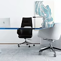 Black and White Modern Office Chair with Glass Desk Laptop Table Lamp and Wall Art