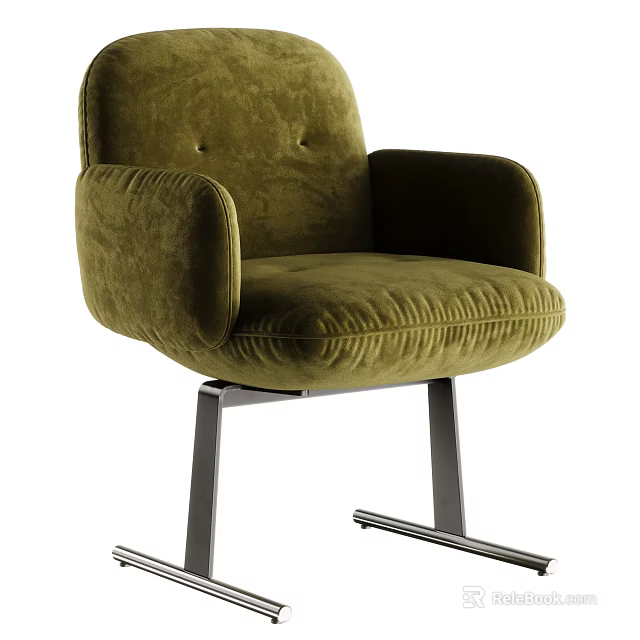 Olive Green Velvet Dining Chair With Armrests And Silver Metal Legs 3d model 