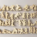 Golden Wooden Wall Decor Featuring Human And Animal Silhouettes In Various Poses Arranged In Rows