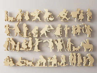 Golden Wooden Wall Decor Featuring Human And Animal Silhouettes In Various Poses Arranged In Rows 3d model