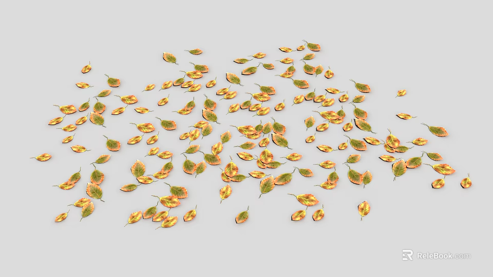Natural Autumn Yellow Green Leaves Scattered On White Decorative Background Surface 3d model 