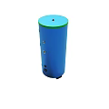 Blue Cylindrical Container With Green Top Edge And Black Rolling Wheels