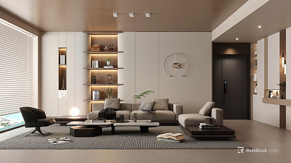 Modern Living Room Interior Design With Beige Sofa Wooden Bookshelves And Circular Decorative Art 3d model 